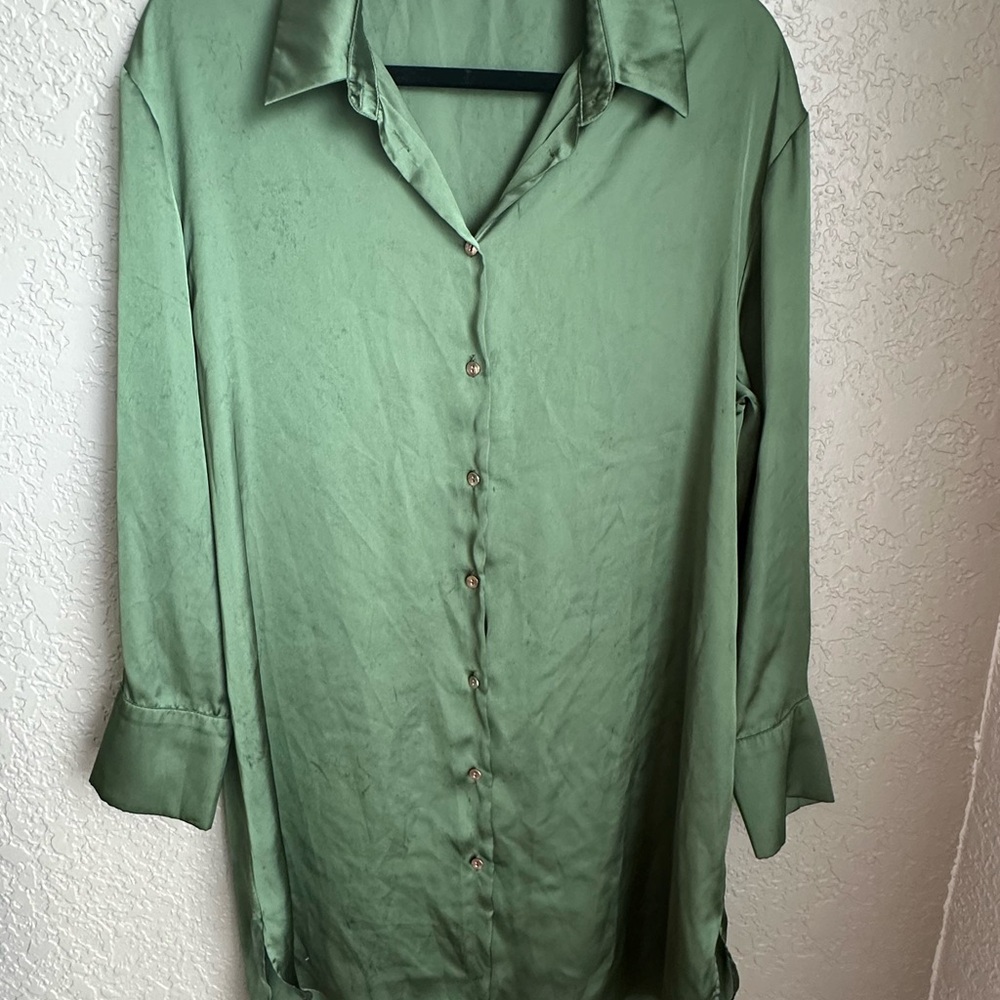 Zara Satin Green Button-Up Dress/Oversized Shirt
